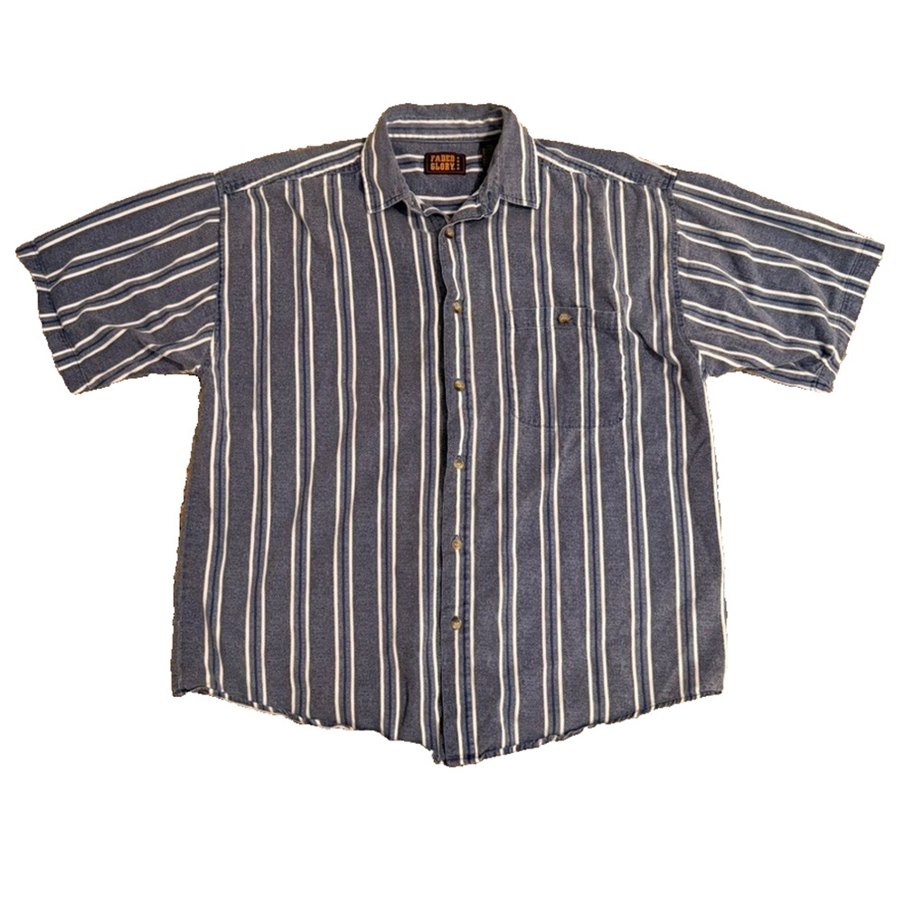 Faded Glory Men’s XL Blue White Vertical Stripe Button Down Denim Look Shirt